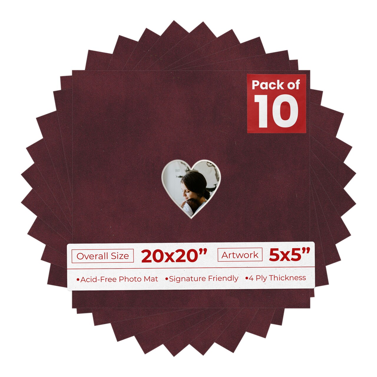 Dark Red Suede Mat Board for 20x20 Frames - Heart Opening for 5x5 Photos